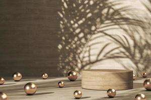 The wooden cylindrical platform and many balls shiny, tropical plants shade on background, Abstract background for product presentation. 3d rendering photo