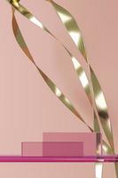 Abstract background for product presentation or branding, Pink glass platform on pink glass base, gold metal line curve props. 3d rendering photo