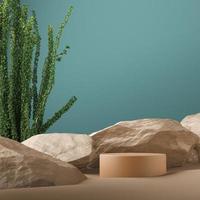 Beige shiny cylindrical platform on rocks and tropical scene, blue foreground, abstract background for branding or presentation. 3d rendering photo