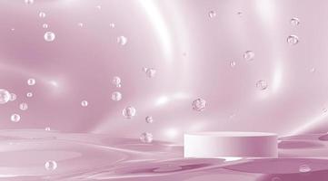 Cylinder platform on pink wave and bubbles background, abstract background for beauty product presentation or branding. 3d rendering photo