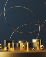 Golden podiums balls and ring on gold platform, abstract background for presentation or advertising. 3d rendering photo
