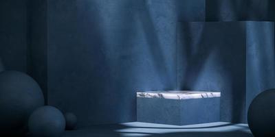 White marble platform on blue mockup scene. abstract background for product presentation or ads. 3d rendering photo