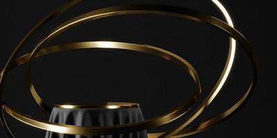 Black podium and gold top table, floating golden ring. abstract background for product presentation or ads. 3d rendering photo