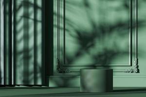 podio verde en escena de maqueta verde, sombrilla y sombra de plantas en la pared, fondo abstracto para producto o presentación. representación 3d foto