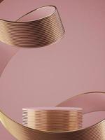 Pink podium on abstract soft background, pink ribbon and gold line texture bending around podium. minimal background for product presentation. 3d rendering photo