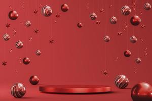 Red platform for product presentation, floating red balls star and ribbon. abstract background for presentation. 3d rendering photo