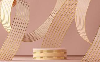 Pink podium on abstract soft background, pink ribbon and gold line texture bending around podium. minimal background for product presentation. 3d rendering photo