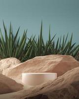 Beige shiny cylindrical platform on rocks and tropical scene, blue foreground, abstract background for branding or presentation. 3d rendering photo