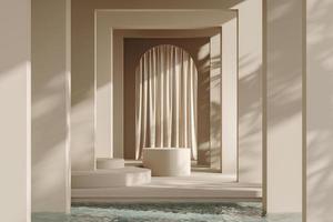 White beige platform on wall and curtain background, mockup scene for product presentation, 3d rendering photo