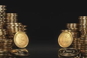 pila de monedas criptográficas entre bitcoin y dogecoin en una escena negra, maqueta de moneda digital para fines financieros, promoción de intercambio de fichas, fines publicitarios foto