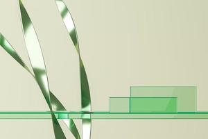 Abstract background for product presentation or branding, Green glass platform on green glass base, green metal line curve props. 3d rendering photo