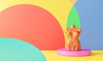 Abstract mockup concept for fashion, Pink circle base and beige model on various colored circle in yellow scene. 3d rendering photo