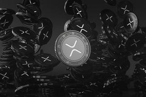 Black XRP coins falling from above in the black scene, mockup digital currency coin for financial, token exchange promoting, advertising purpose. 3d rendering photo