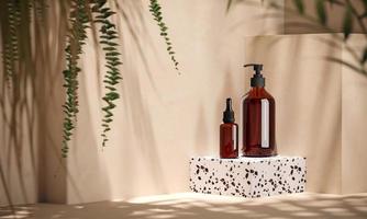 Cosmetic bottle on white terrazzo platform, blur plants foreground. background for cosmetic presentation or ads. 3d rendering photo