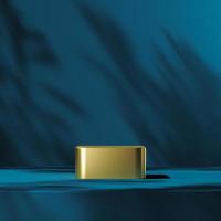 The gold podium on blue scene mockup plants shade on background, abstract background for product presentation or ads. 3d rendering photo