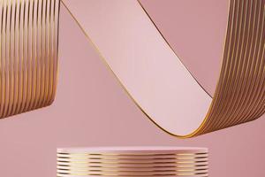 Pink podium on abstract soft background, pink ribbon and gold line texture bending around podium. minimal background for product presentation. 3d rendering photo