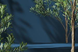 Blue platform on Plants foreground and plants shade on background, abstract background for product presentation or ads. 3d rendering photo