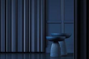 Two dark blue side table on blue classic interior mockup scene, abstract background for product or presentation. 3d rendering photo