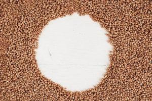 Buckwheat as a background texture in the form of a circle on a white background photo