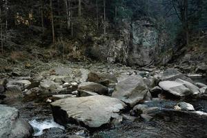 río de montaña entre rocas y bosque. hermoso paisaje de montaña. copiar, espacio vacío para texto foto