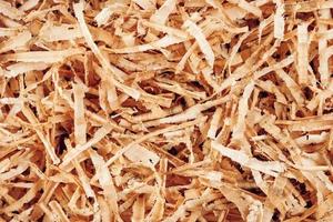 Wood shavings as background texture. Top view. Copy, empty space for text photo