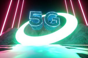 5G futuristic concept. Modern neon abstract background. Reflection of light on a wet surface. 3d render photo