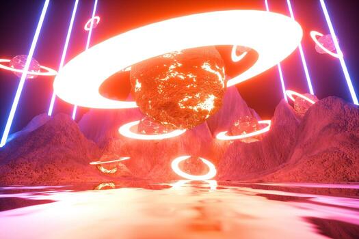 Modern futuristic neon abstract background. Planet and ring in the center. Reflection of light on a wet surface. 3d render photo