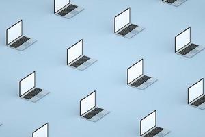 Mockup set of many open laptop on blue background. Isometric view. 3d render photo