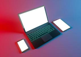 Gaming laptop phone and tablet mockup. 3d render photo