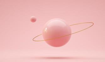 Floating ball with golden ring and orbital sphere. Pink color. 3d render photo