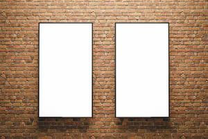 3D render. Mockup of two vertical blank advertising posters or screens on bricks wall. Easy to edit photo