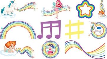 Set of fantasy fairies and cupids with rainbow elements vector