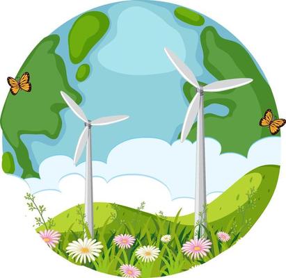 Earth planet with wind turbines and butterfly