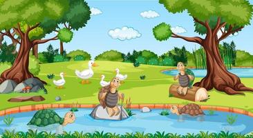 River in the forest scene with wild animals vector