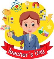 Teacher's Day with a female teacher and school objects vector
