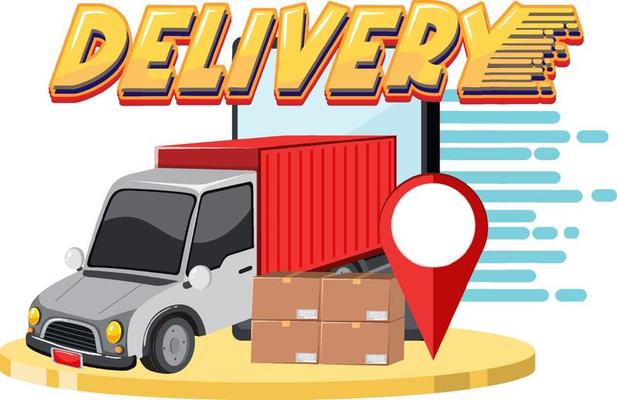 Delivery logo with container truck and location pin