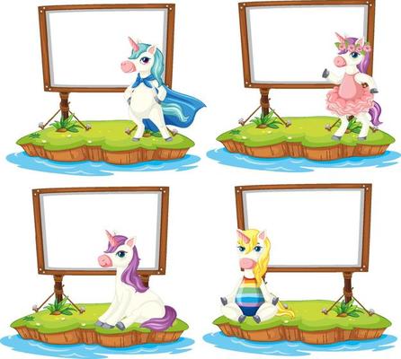 Set of different blank banners with unicorns