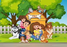 Outdoor scene with family and their dogs vector