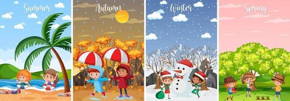 Set of children in four seasons backgrounds vector