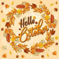 Hello October logo with ornamental autumn leaf vector