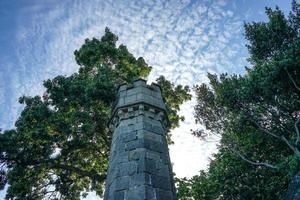 Yalta, Crimea-June 16, 2014 -An ancient tower of the Vorontsov Palace in the sky and trees. photo