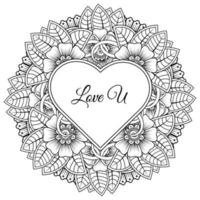 Mehndi flower with frame in shape of heart. decoration in ethnic oriental, doodle ornament. vector