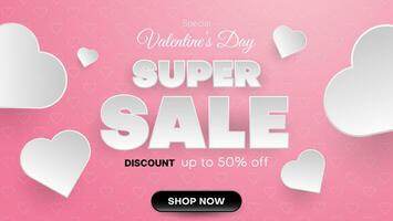 banner de súper venta especial día de san valentín en color rosa y blanco con estilo de papel. fondo realista del día de san valentín. ilustración vectorial de negocios vector