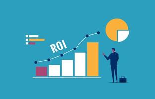 hombre de negocios con gráficos de roi, aumento de ganancias e ingresos, obtener más ilustración de vector de ingresos