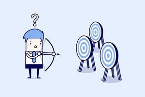 Businessman holding bow and arrow confused by multiple bulls eye target. Cartoon character thin line style vector. vector