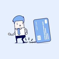 Businessman breaks free from the chain to bank credit card. Cartoon character thin line style vector. vector