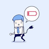 Businessman feeling tired and low power battery. Cartoon character thin line style vector. vector