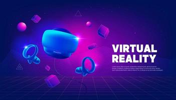 Virtual reality headset and controllers for gaming. VR helmet. Metaverse technology banner template. vector