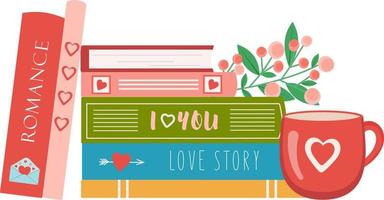 Stack of book with cup of tea or coffe and flowers. Love story, romance, books about love.  Vector illustration in flat style for store, shops, libraries