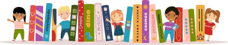 Horizontal banner with childrens and books. Boys and girls are standing near books. Books for childrens and kids. I love reading. Children's book day, festival. Poster for store, shop, library vector